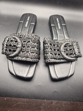 Marc Fisher Black Woven Buckle Slide Sandals